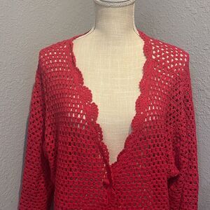 Norm Thompson crocheted red scalloped cardigan
